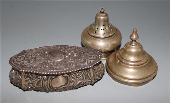 Victorian silver embossed trinket box and two silver lids